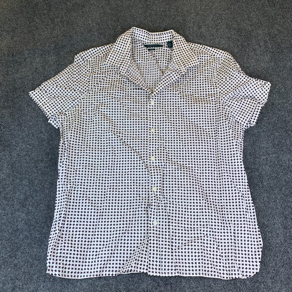 Perry Ellis Button Front Shirt Mens 2XL White Black Slim Fit Geometric Short